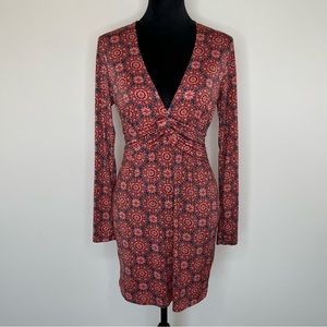 Forever 21 Red Patterned Long Sleeve Twist-Front Dress